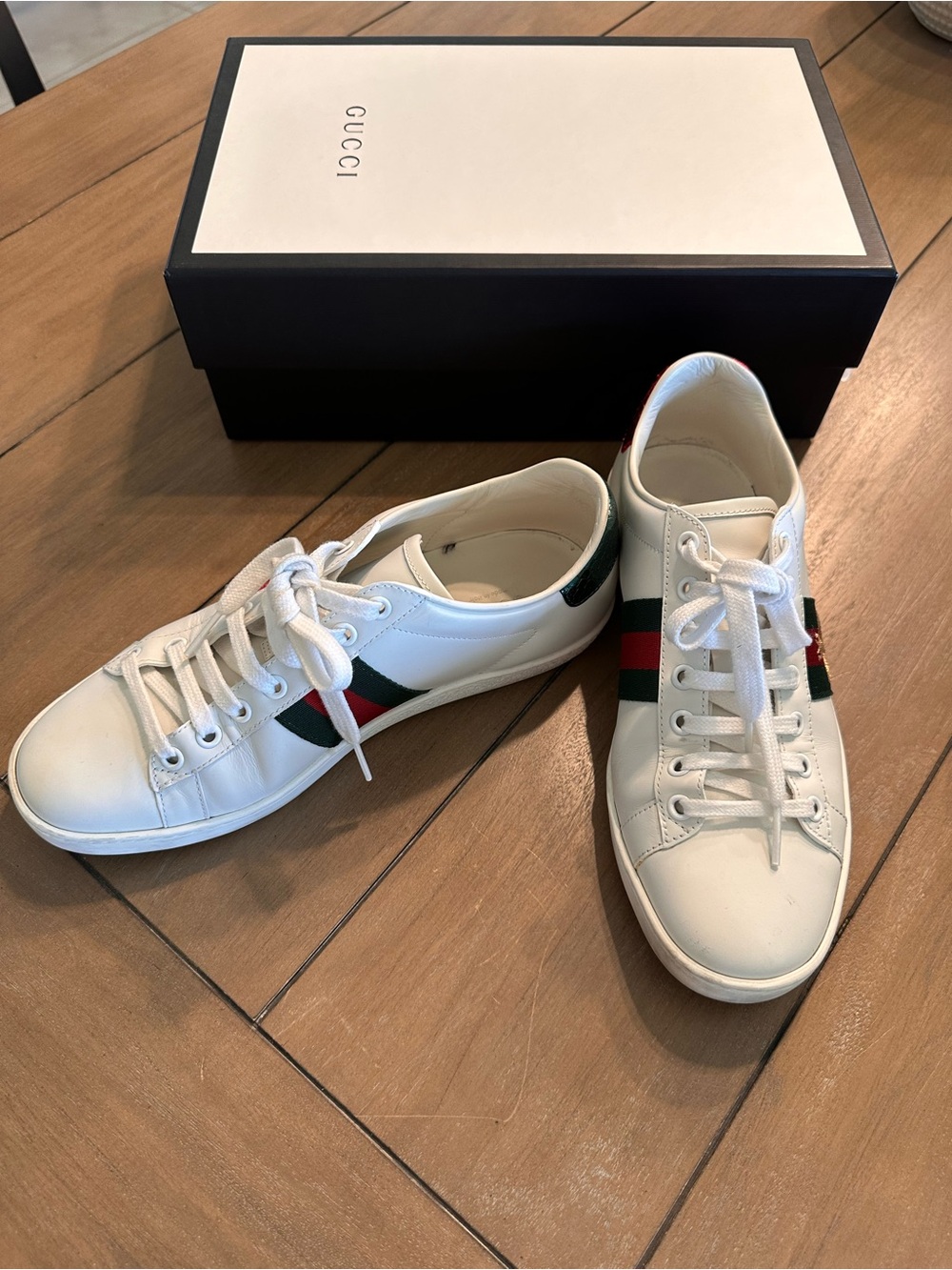 Gucci Unisex White Leather Sneakers with Red & Green Web Stripe